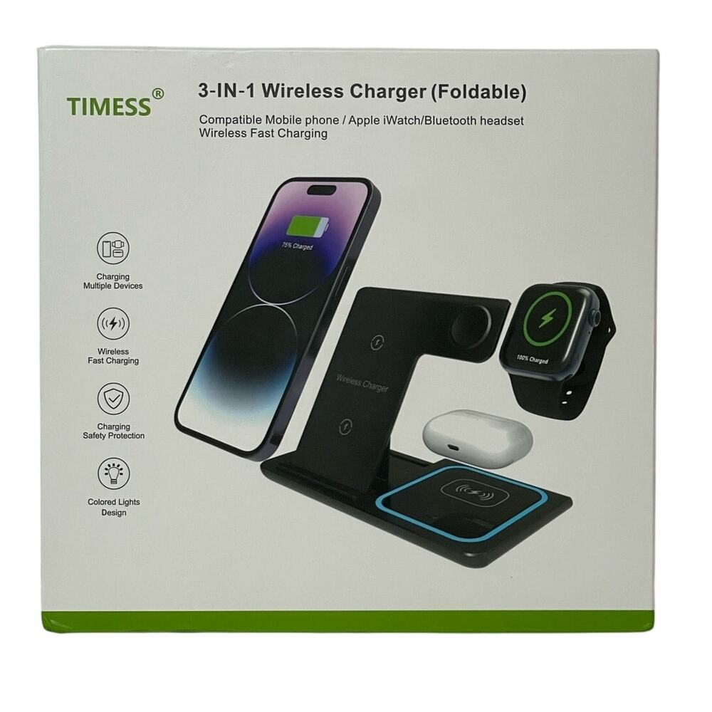 Timess 3-in-1 Wireless Charger Foldable Fast Charging Stand Phone Watch NWT
